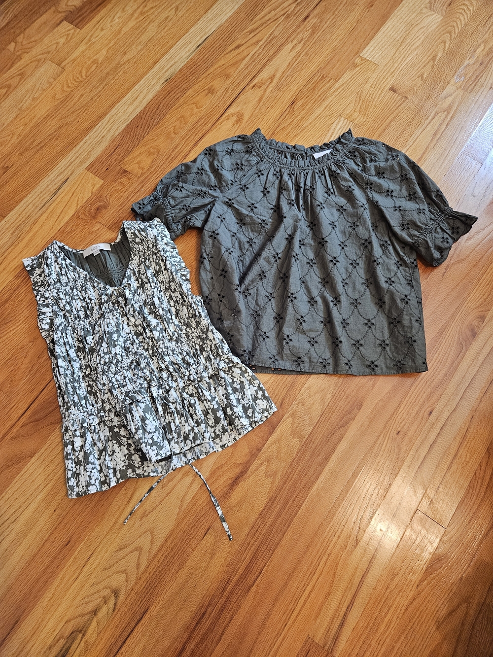 LOFT Olive Eyelet Short Sleeve Blouse